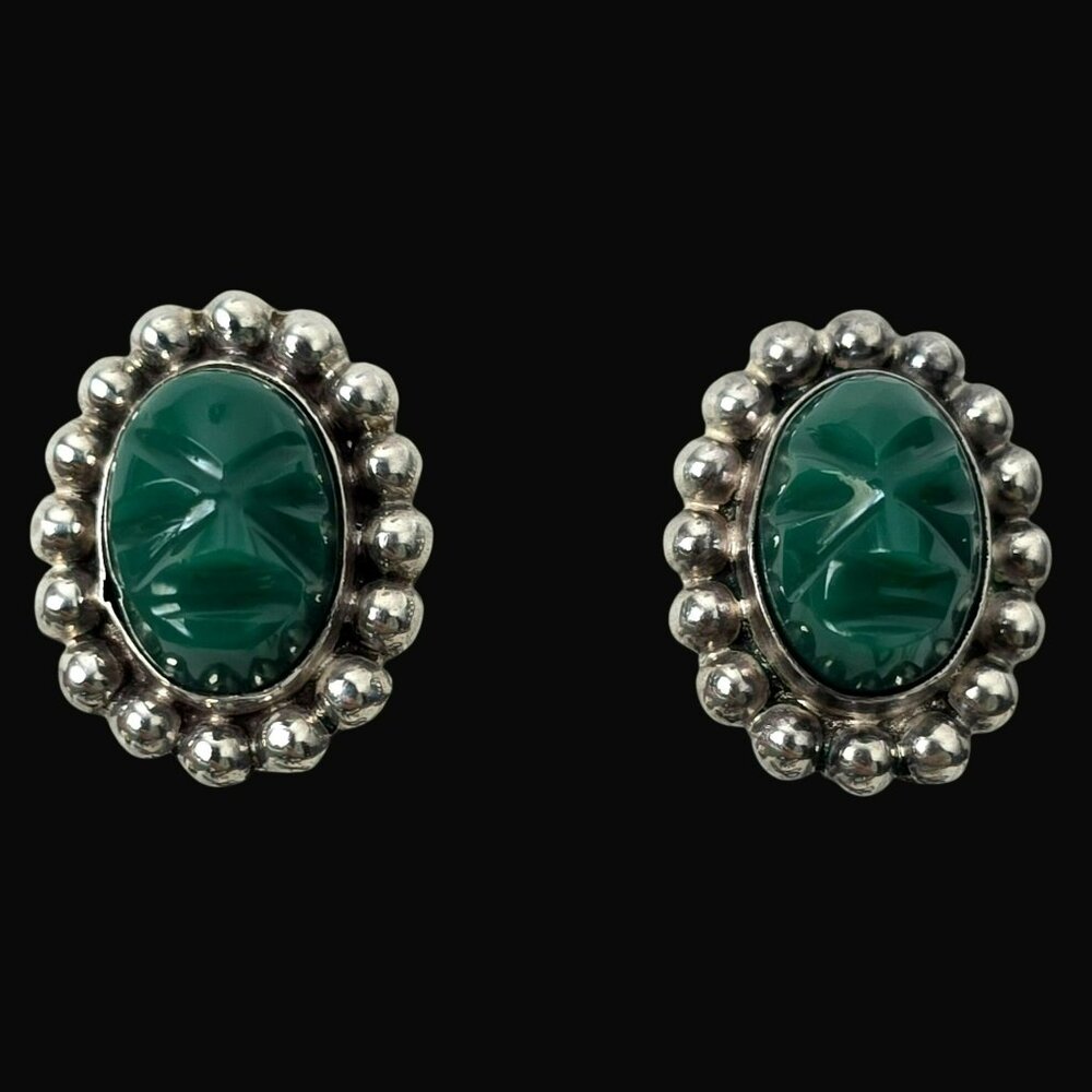 VTG Sterling Silver Green Onyx Earrings Carved Aztec Mask Screwback Mexico 925